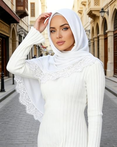 JUMISEE Elegant Floral Lace Hijab Scarf for Women Soft Cotton Head Wrap Instant Hijab Long Scarves Evening Dress Shawl - color: White