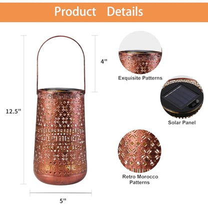 Solar Lantern Outdoor Hanging Lights, Moroccan Metal Hollow-Out Solar Lantern Waterproof LED Decorative Light for Garden Yard Patio Pathway Tabletop Landscape