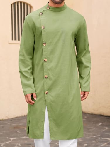 Runcati Mens Kaftan Thobe Button Down Long Sleeve Robe Casual Henley Shirt Cotton Muslim Gown Kurta Tops - color: Army Green, size: Large