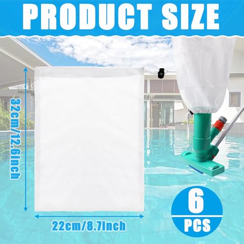 6-Pack Pool Vacuum Mesh Replacement Bags, Fine Mesh Leaf Vacuum Net Bags with Locking Cord for Pool Cleaners, Suitable for Pools, Aquariums, and Ponds, Collects Leaves and Debris