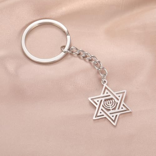 VASSAGO Star of David Keychain for Women Men Jewish Star Menorah Keyring Stainless Steel Hanukkah Keychain Religious Jewelry - color: Silver