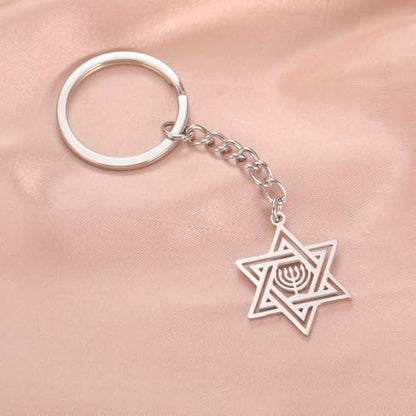 VASSAGO Star of David Keychain for Women Men Jewish Star Menorah Keyring Stainless Steel Hanukkah Keychain Religious Jewelry - color: Silver