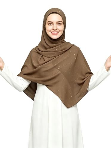Lina & Lily Sparkle Shimmer Gold Glitter Women's Chiffon Hijab Head Scarf Shawl Wrap Lightweight - color: Mocha Brown