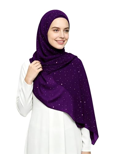 Lina & Lily Sparkle Shimmer Gold Glitter Women's Chiffon Hijab Head Scarf Shawl Wrap Lightweight - color: Dark Purple