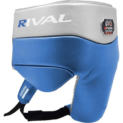 RIVAL Boxing RNFL100 Professional No-Foul Groin Protector with Laces, Dual Waist Straps, Ultra-Lightweight Construction, and Super-Rich Microfibre PU - color: Blue/Silver, size: Small