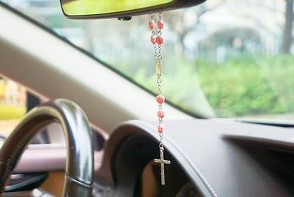 Pink Catholic Car Rosary – 2PCS Hanging Rosary with Rose Beads and Sparkling Rhinestone Cross for Rearview Mirror, Mini Religious Charm for Women, Cute Car Accessories