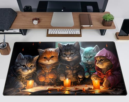 Commander Roleplay Desk Pad Mat Role Gaming XXL Big Mouse Pad Gaming Tabletop Game Gamer Gift - Mousepad XXL Laptop Computer Keyboard Pad with Stitched Edges Anti-Slip Funny Deskpad 31.5x15.7 in - color: Five Cats