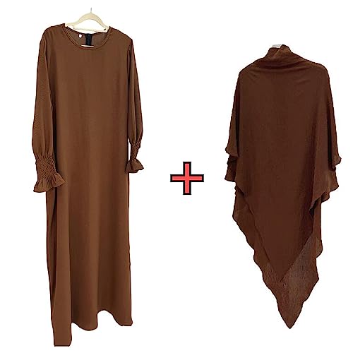 Women Prayer Dress Muslim Ramadan Garment Abaya Dubai Islam Jilbeb 2 Piece Set Layered Khimar Scarf Hijab and Long Dress - color: Coffee, size: Large