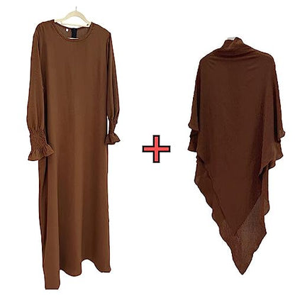 Women Prayer Dress Muslim Ramadan Garment Abaya Dubai Islam Jilbeb 2 Piece Set Layered Khimar Scarf Hijab and Long Dress - color: Coffee, size: Large