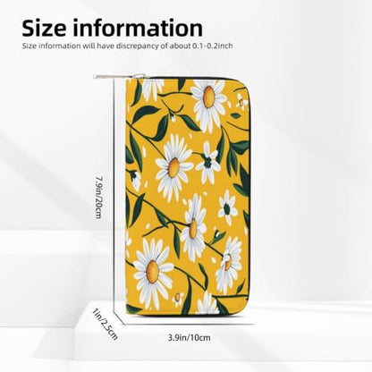 Daisies On Yellow Background PU Leather Long Wallet for Women Men, Zipper Clutch Wallet RFID Card Holder Organizer - color: Daisies On Yellow Background