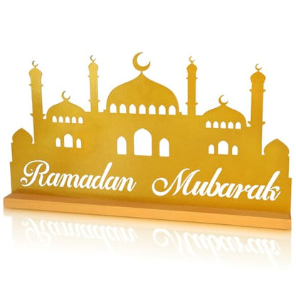 Ramadan Decorations for Home Eid Metal Table Sign Ramadan Mubarak Centerpiece for Tables Muslim Golden Palace Tabletop for Islamic Mosque Party Gift Tiered Tray Office Desk Shelf Indoor Hollow Letters