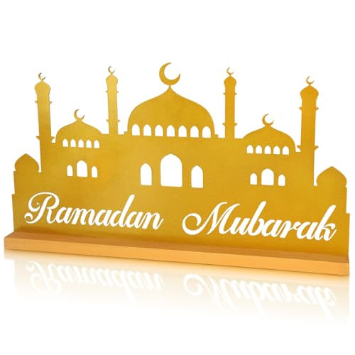 Ramadan Decorations for Home Eid Metal Table Sign Ramadan Mubarak Centerpiece for Tables Muslim Golden Palace Tabletop for Islamic Mosque Party Gift Tiered Tray Office Desk Shelf Indoor Hollow Letters