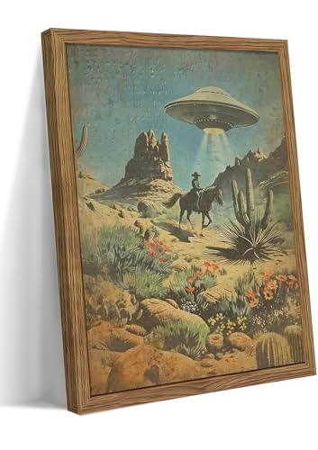 Framed Vintage Intergalactic Western Canvas Wall Art, Alien UFO Abducting Cowboy, Desert Cactus and Flowers Wall Decor, Retro Sci-Fi Poster for Living Room Bedroom – Dark Wooden Frame 16x24in - color: Fantastic Cowboy, size: 24"L x 16"W