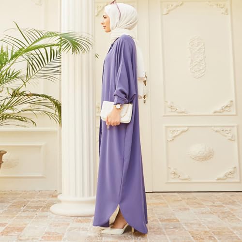 ODASDO Muslim Dresses for Women Abaya Button Down Henley Shirt Prayer Dress Batwing Long Sleeve Middle East Arabian Robe - color: Purple