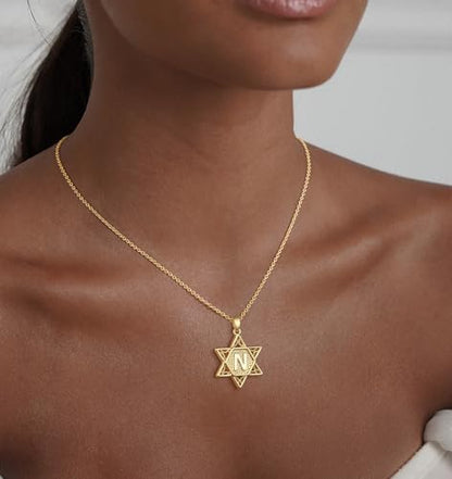 Gold Initial Necklaces for Women Dainty Pendant Letter Necklace 14K Gold Plated Jewish Star of David Religious Jewelry Personalized Gift Non Tarnish Waterproof 16.5-18.5 Inches - style: Initial N