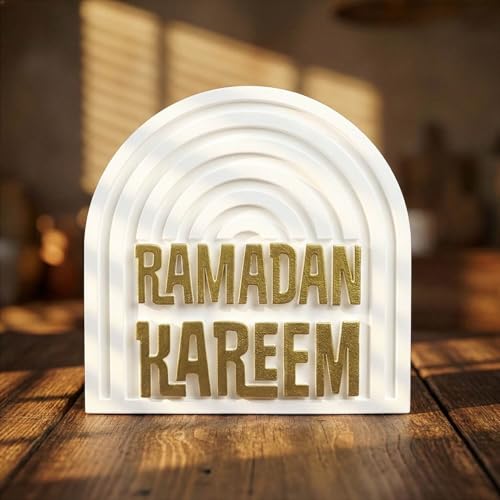 Ramadan Kareem Islamic Table Decor – Gold Edition Arabic Calligraphy for Home or Office – Unique Islamic Art Piece, Perfect for Eid, Ramadan, or Daily Inspiration – White Stone Powder Statue - style: Gold Ramadan Kareem