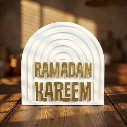 Ramadan Kareem Islamic Table Decor – Gold Edition Arabic Calligraphy for Home or Office – Unique Islamic Art Piece, Perfect for Eid, Ramadan, or Daily Inspiration – White Stone Powder Statue - style: Gold Ramadan Kareem