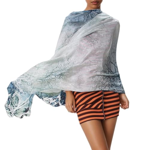 Extra Large Silk Scarf for Women 100% Mulberry Silk Shawl Wrap Oversized Jacquard Floral Scarves with Elegant Gift Box - color: Snowy Woods
