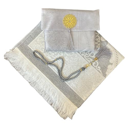 Muslim Prayer Rug and Beads with Elegant Slub Fabric Bag | Janamaz | Sajadah | Soft Islamic Prayer Rug | Islamic & Mawlid Gifts | Prayer Carpet Mat, Taffeta Fabric (Grey, 1 Sets) - color: Grey, size: 1 Sets