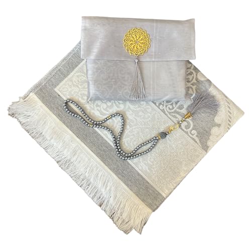 Muslim Prayer Rug and Beads with Elegant Slub Fabric Bag | Janamaz | Sajadah | Soft Islamic Prayer Rug | Islamic & Mawlid Gifts | Prayer Carpet Mat, Taffeta Fabric (Grey, 1 Sets) - color: Grey, size: 1 Sets
