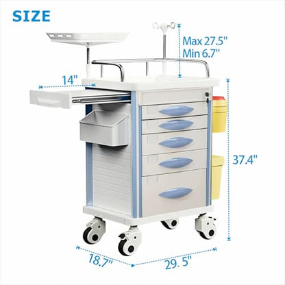 Crash Cart with Central Lock - Mobile Emergency Treatment Trolley with IV Pole, Cardiac Board, O₂ Tank Holder, Trash Bin & 5 Drawers for Clinics Nursing Center (Grey) - color: Gray