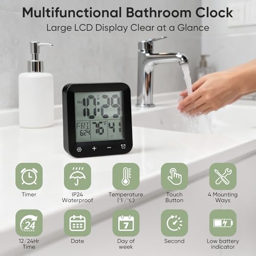 Digital Waterproof Shower Clock, Bathroom Kitchen Clock with Countdown Timer, Wall Clock with Large LCD Display, Temperature, Touch Button, Suction, Hanging Hole, Battery Operated I Black - color: Black