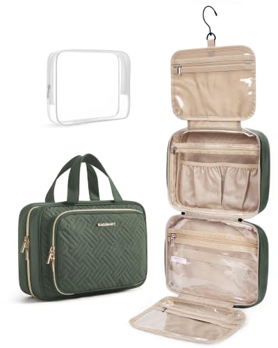 BAGSMART Toiletry Bag Hanging Travel Makeup Organizer with TSA Approved Transparent Cosmetic Bag Makeup Bag for Full Sized Toiletries(Dusty Green) - color: Dusty Green, size: Medium