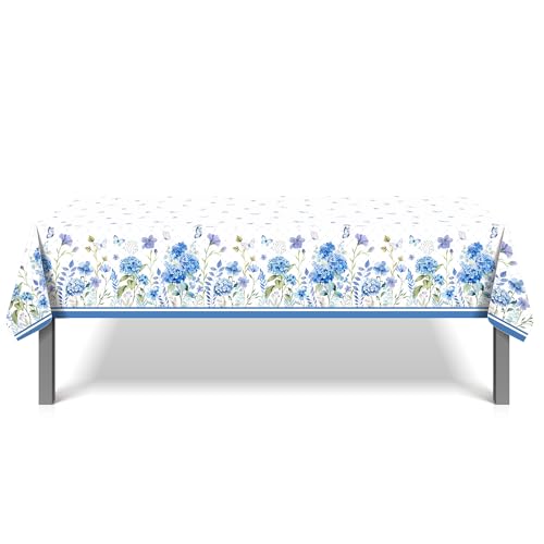 1Pc Blue Hydrangeas Flowers Party Plastic Tablecloth 54 x 87 Inch Long Table Cover, Spring Butterfly Party Tablecover for Floral Theme Kids Baby Shower Birthday Dinner Picnic Kitchen Event - color: Blue Hydrangeas
