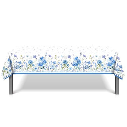 1Pc Blue Hydrangeas Flowers Party Plastic Tablecloth 54 x 87 Inch Long Table Cover, Spring Butterfly Party Tablecover for Floral Theme Kids Baby Shower Birthday Dinner Picnic Kitchen Event - color: Blue Hydrangeas