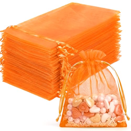 FUNFERY 100Pcs Orange Organza Bags 3x4 in,Small Mesh Drawstring Gift Bag - color: Orange-3"x4"