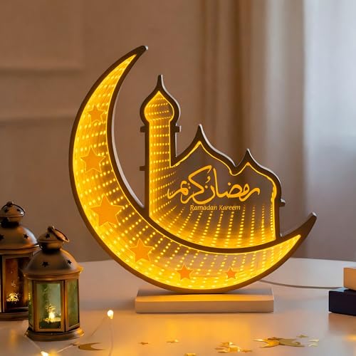 Ramadan Mubarak Tunnel Light, 3D LED Crescent Moon & Mosque Infinity Mirror Lamp, Double-Sided USB Powered Night Light for Ramadan Decorations, Eid Mubarak Home Table Decor