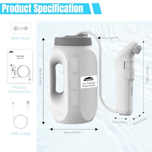 Teabelle 휴대용 고압 전기 비데, 2.5L 물병, USB-C 충전식 여행용 비데, 개인 위생 및 베이비 케어를 위한 방수 핸드헬드 스프레이