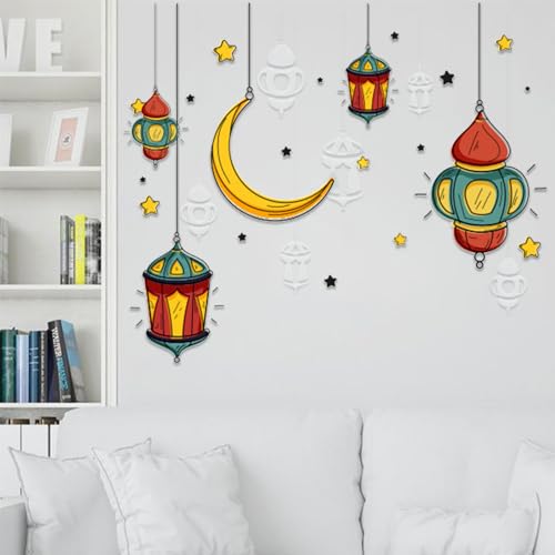 Eid Mubarak Wall Stickers Colorful Lantern Moon Star Wall Decals Ramadan Decorations for Home Bedroom Wall Paper Islamic Decor Window Clings Muslim Wallpaper Kareem Party Wall Mural (Style5) - color: Style5