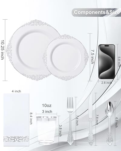 Nervure 350PCS Silver Plastic Dinnerware - White and Silver Disposable Plates for 50 Guests - 100 Disposable Plates, 150 Plastic Silverware, 50 Cups, 50 Napkins for Wedding & Party - color: White Silver, style: 350Pcs(50Guests)