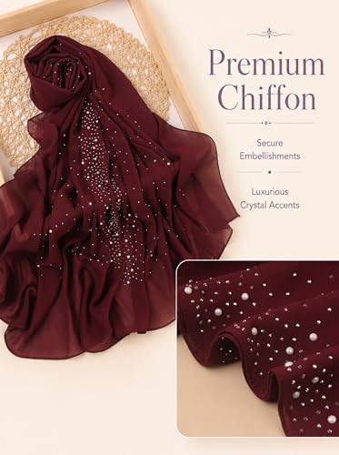 Chiffon Hijab Scarf for Women, Rhinestone Pearl Muslim Head Scarf, Lightweight Shawl Wrap - color: Purplish-red