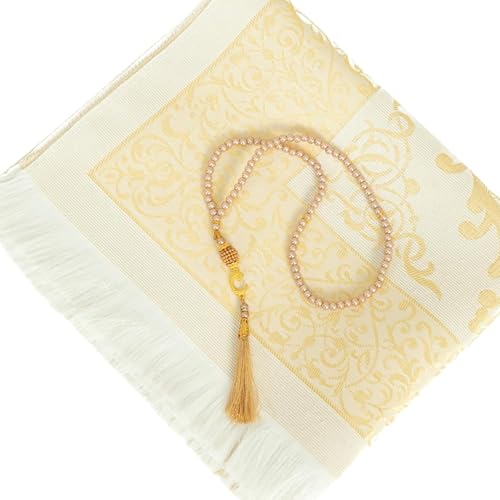 3pcs Set Muslim Prayer Rug with Tasbih and Portable Bag, Soft Mat Gift Set, Turkish Sajadah for Ramadan, Eid, Hajj, Travel, (Coffee) - color: Golden