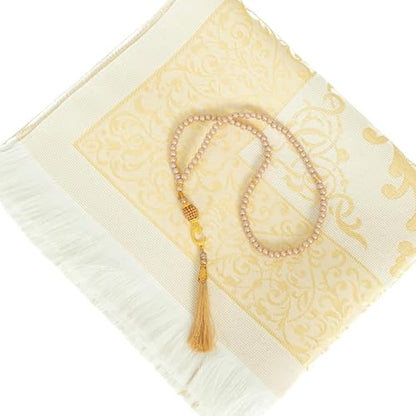 3pcs Set Muslim Prayer Rug with Tasbih and Portable Bag, Soft Mat Gift Set, Turkish Sajadah for Ramadan, Eid, Hajj, Travel, (Coffee) - color: Golden