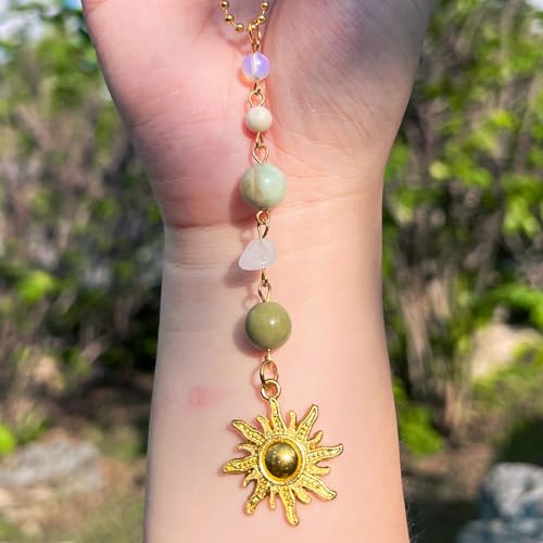 Car Rear View Mirror Accessories Sunny Car Hanging Ornament, Sun Rearview Decor Charm Green Jade Crystal Cute Beads Swinging Interior Cute Handmade Decor for Women Men - color: Green-sun