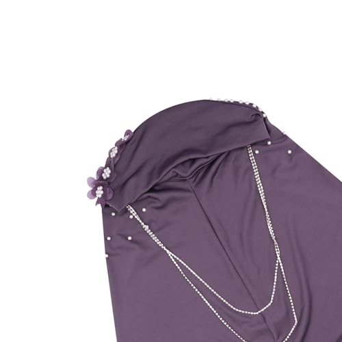 RARITYUS Women Bling Rhinestone Pearl Instant Scarf Muslim Hijab Fashion Shawl Head Wrap Turban Cap with Flower Accent - color: Purple