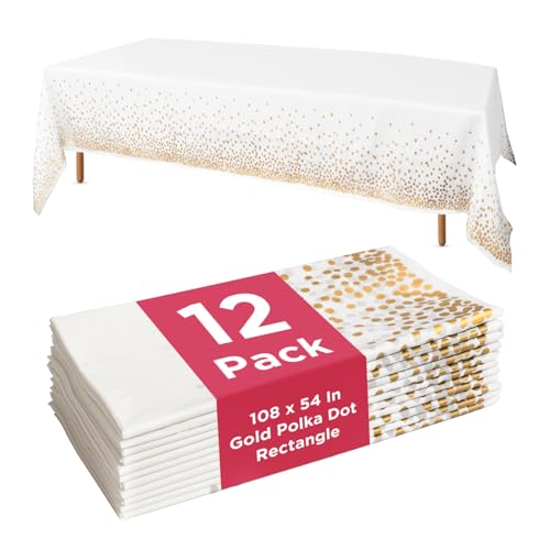 Prestee 12-Pack White and Gold Tablecloth - 54x108 Inch - Disposable Table Covers for Party, Weddings, and Holidays - Waterproof Christmas Tablecloth, Stain-Resistant Plastic Table Cover Set - color: White/Gold, size: Rectangle (12 Pack)
