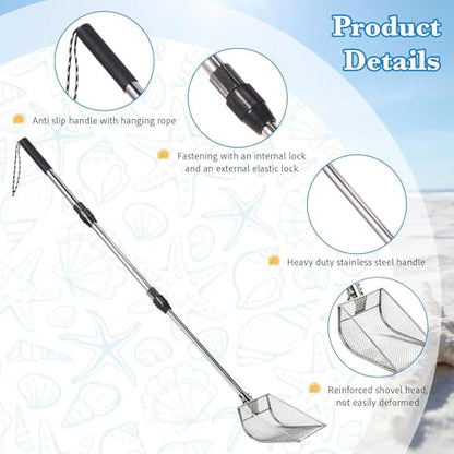 Upgraded 2Pcs Shark Tooth Sifter,Beach Sand Shovel Set,Effortless Angled Design Sand Scoop Shell Scooper for Easy Digging,Reinforced Head,Telescoping Handle for Kids Adults (2pcs Sand Sifter)
