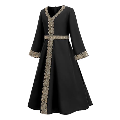 OBEEII Girls Muslim Abaya Ramadan Long Bell Sleeve V Neck Sequins Church Prayer Dress with Belt Islamic Eid Robe Kaftan - color: Black-sequins, size: 10-11 Years