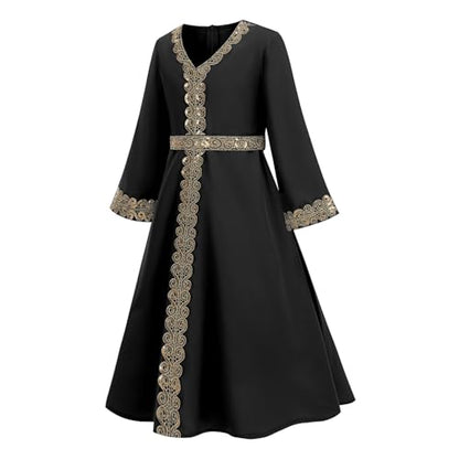 OBEEII Girls Muslim Abaya Ramadan Long Bell Sleeve V Neck Sequins Church Prayer Dress with Belt Islamic Eid Robe Kaftan - color: Black-sequins, size: 10-11 Years