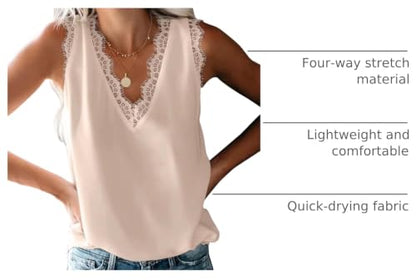 BLENCOT Women Lace Trim Tank Tops Summer V Neck Fashion Shirts | Sleeveless Blouse Business Casual Vacation Outfits Vest Spring Clothes - color: Apricot, size: XX-Large