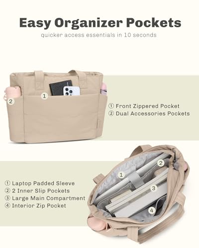 Hynes Eagle Tote Bag for Women Quilted Travel Bag Lightweight Puffer Tote Shoulder Handbag with Compartments Work/Gym/Teacher - color: Camel