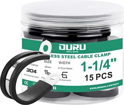 OURU 15pcs 1-1/4 Inch Stainless Steel Cable Clamps,Rubber Coated Cushioned Insulated Cable Clamp,Automotive Cable Wire Clamps,Pipe Clamps,Metal Clamp for Tube,Lines,Wire Cord Installation(Black,32mm) | 304 Stainless Steel, Anti-Vibration, Rust Resistant,