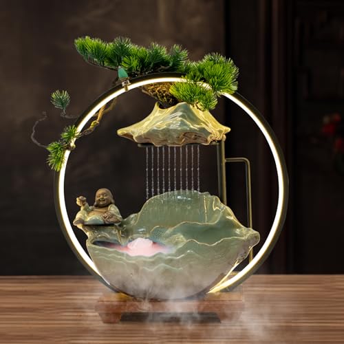 Backflow Incense Holder with Water Fountains and LED Light, Rockery, Maitreya and Plants Perfect for Relaxing or Home Decor (Maitreya witn Rockery) - style: Maitreya witn Rockery