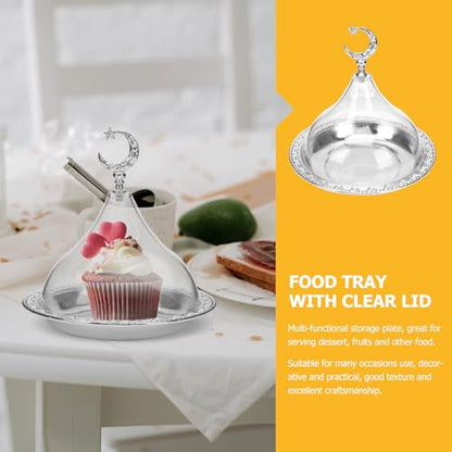 Kichvoe Electroplating Iron Food Serving Tray with Clear Lid 6.69 Inch Compact Snack Storage Plate for Desserts Cakes Fruits and Party Use
