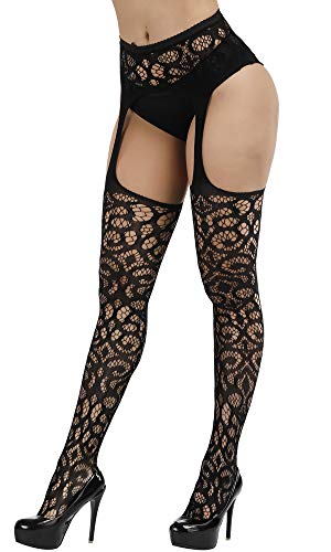 E-Laurels Womens High Waist Patterned Fishnet Tights Suspenders Pantyhose Thigh High Stockings Black - color: Black A10