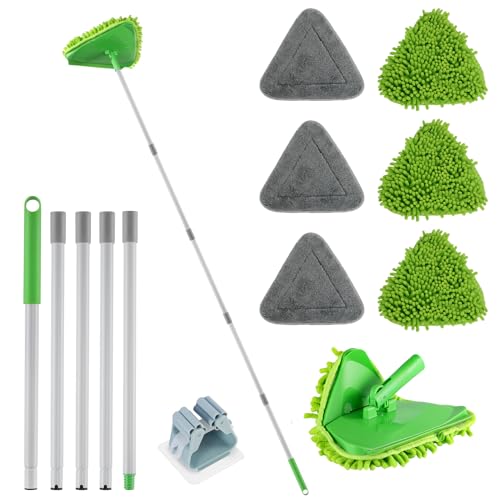RONSUNG Wall Cleaner Mop, 82-Inch Handle, Baseboard Cleaner Tool, 6 Pads | Wall scrubber with long handle, triangle head, squeegee, and 6 pads for walls, ceilings, windows, baseboards, and floors - color: Green, size: 6 Pads